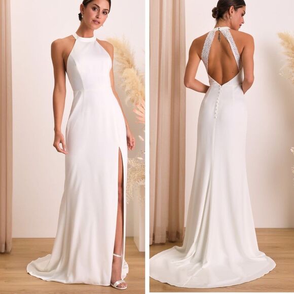 Lulus Radiant Adoration White Satin Lace Backless Halter Maxi Dress Size XS NWT - Picture 1 of 8